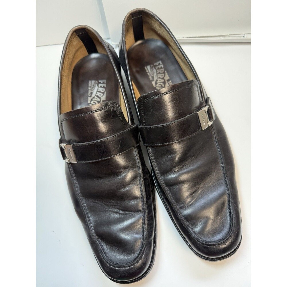 Salvatore Ferragamo Black Italian Leather Metal Buckle Dress Loafers Sz 9EE